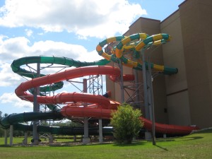 Giant swirly slides from the top floors of a hotel?!