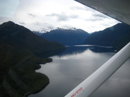 Lake Te Anau from the window of our seaplane.