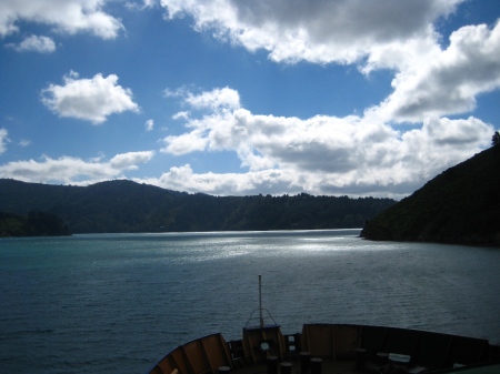 Sailing into Marlborough Sound, our first glimpse of the South Island.