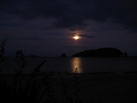 A full moon rising over the beach at Hahei.